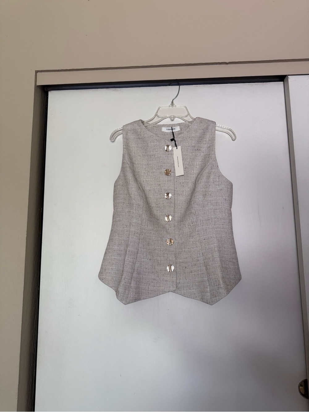 Sleeveless Button-Front Linen Blend Top — beige/tan tweed - Picture 3 of 3